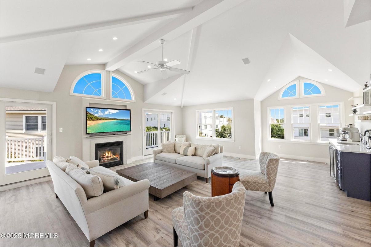 Fireplace, Interior, Living room, Recessed Lighting, Wood Texture Flooring