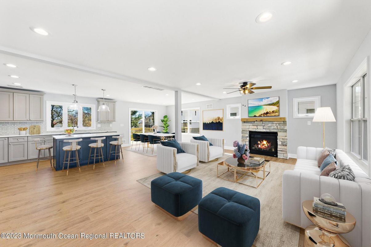 Dining room, Fireplace, Interior, Kitchen, Living room, Pendant Lights, Recessed Lighting, Wood Texture Flooring