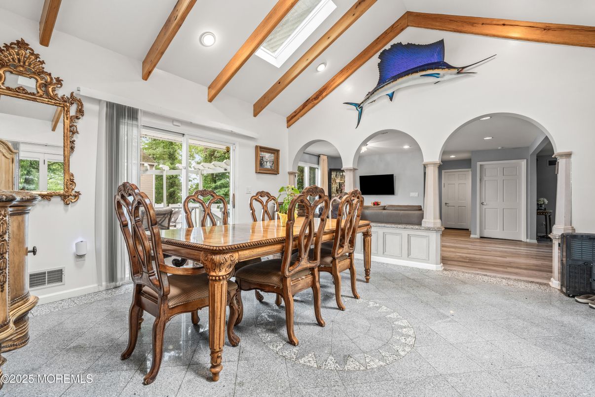 Dining room, Interior, Recessed Lighting, Wooden Beams, Wood Texture Flooring