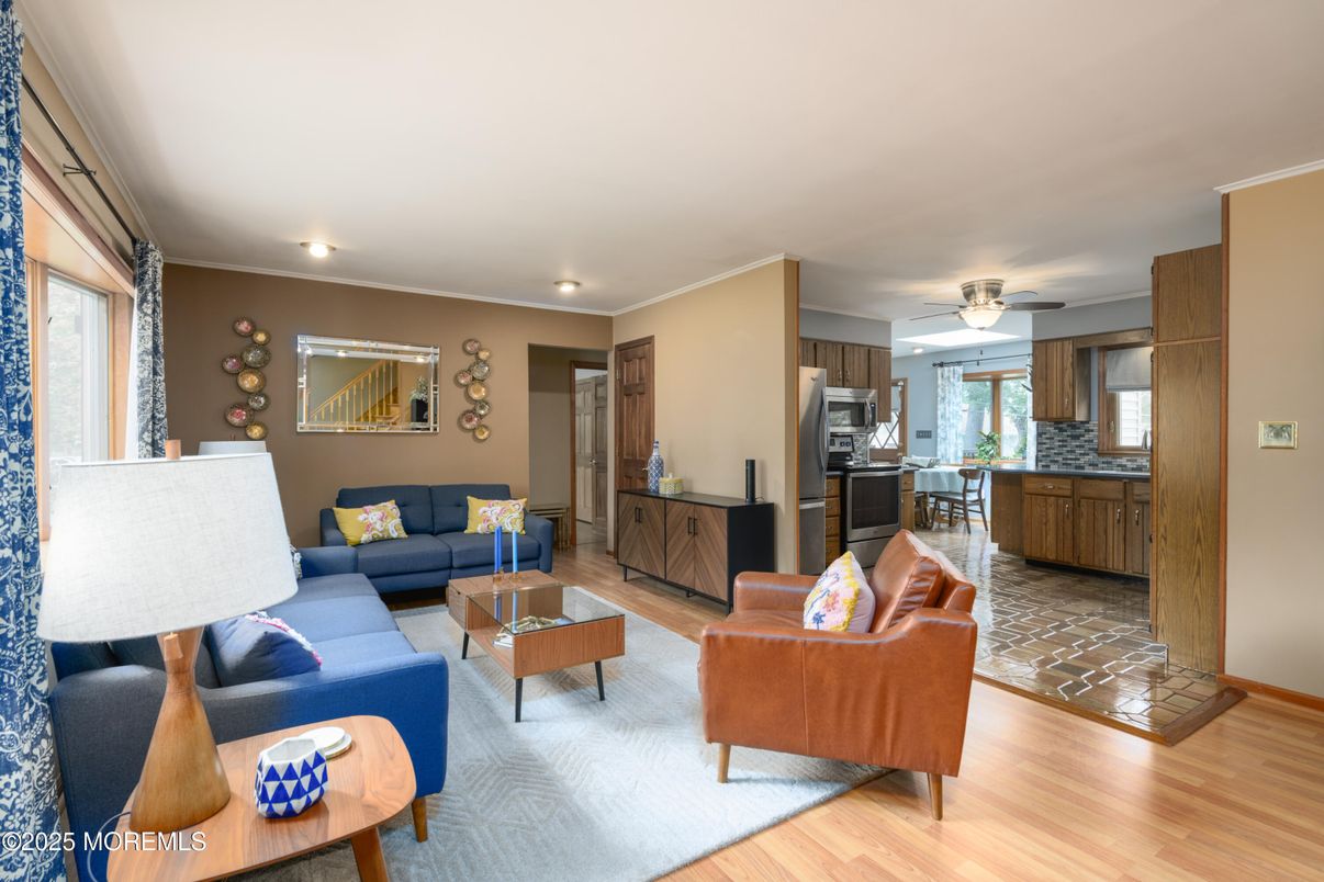 Interior, Kitchen, Living room, Recessed Lighting, Stainless Steel Appliances, Wood Texture Flooring