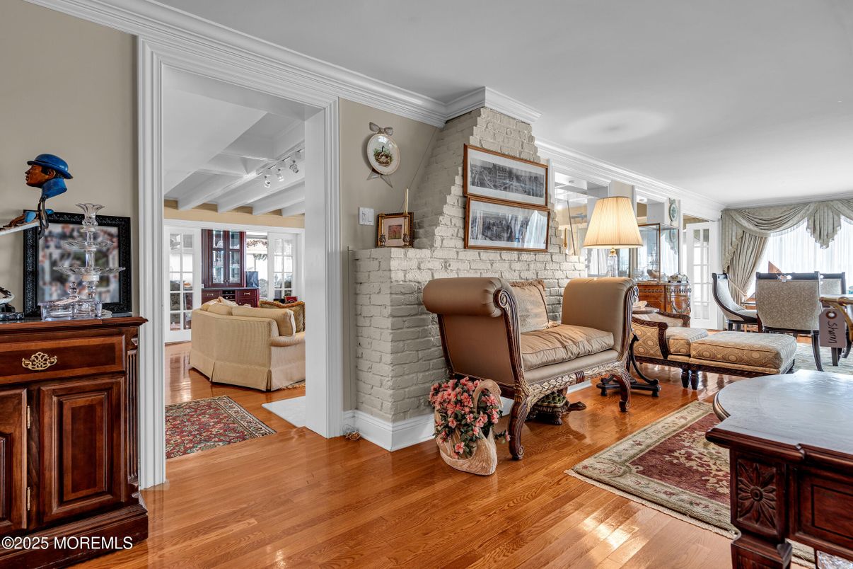 Dining room, Fireplace, Interior, Living room, Stone Walls, Wood Texture Flooring