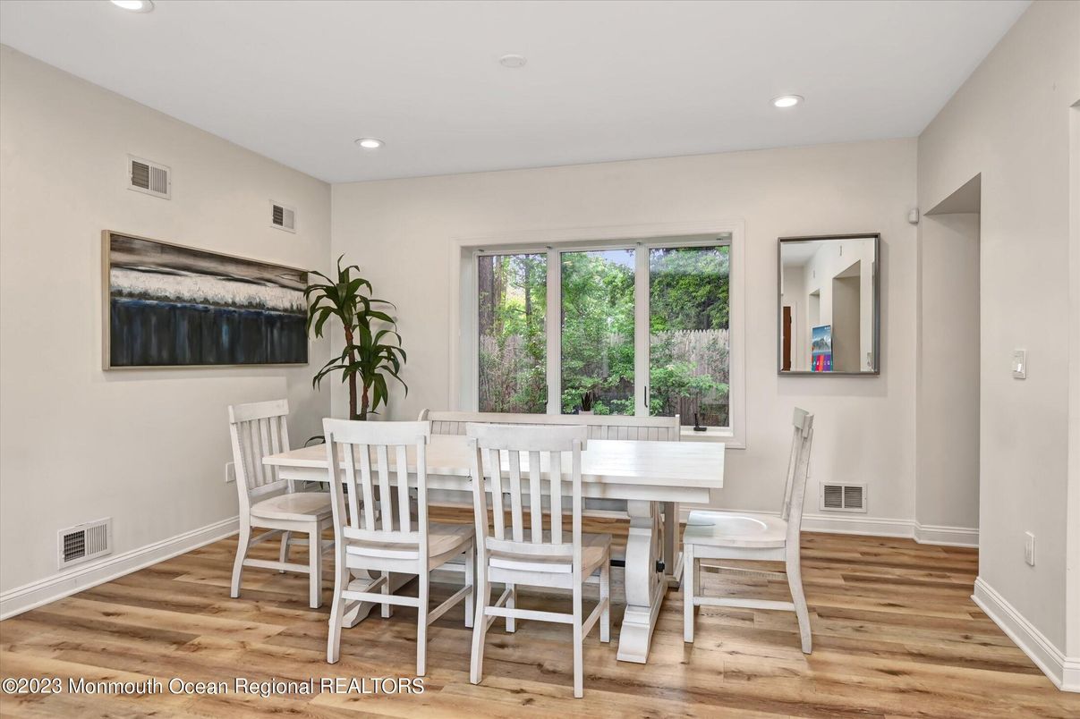 Dining room, Interior, Recessed Lighting, Wood Texture Flooring