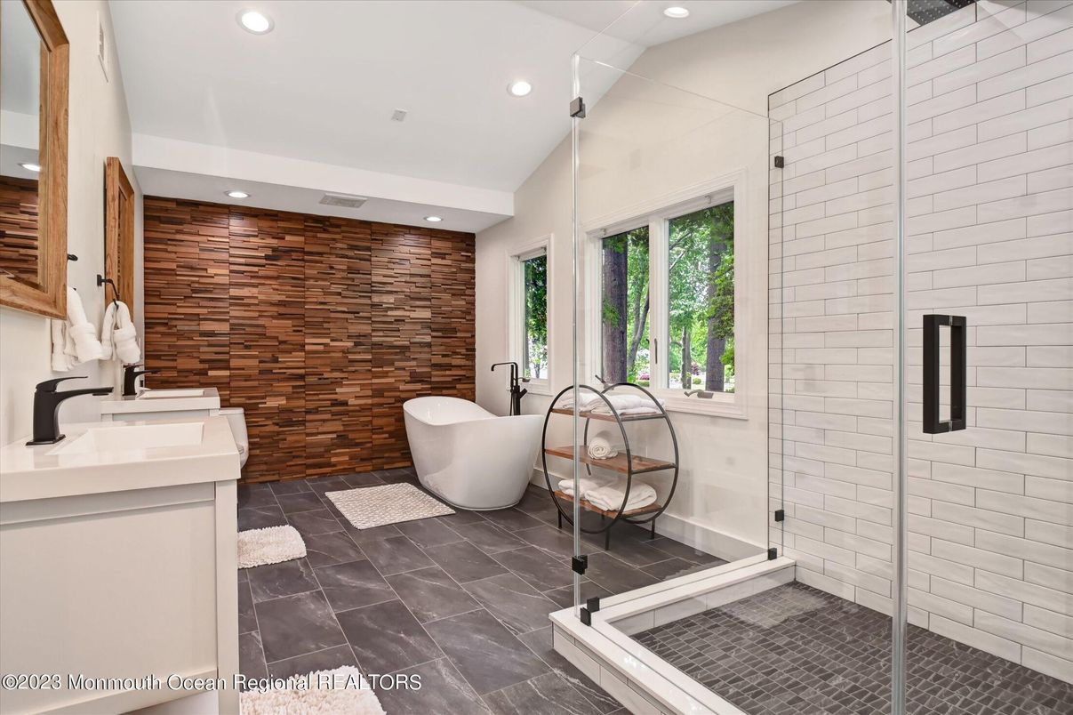 Bathroom, Free Standing Baths, Glass Shower, Interior, Recessed Lighting, Wooden Walls