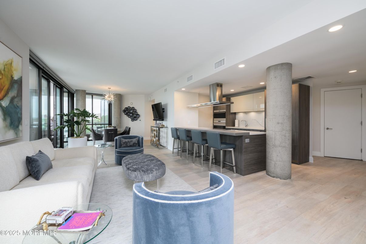 Interior, Kitchen, Living room, Recessed Lighting, Stainless Steel Appliances, Wood Texture Flooring