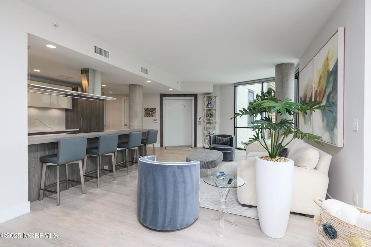 Interior, Kitchen, Living room, Recessed Lighting, Stainless Steel Appliances, Wood Texture Flooring