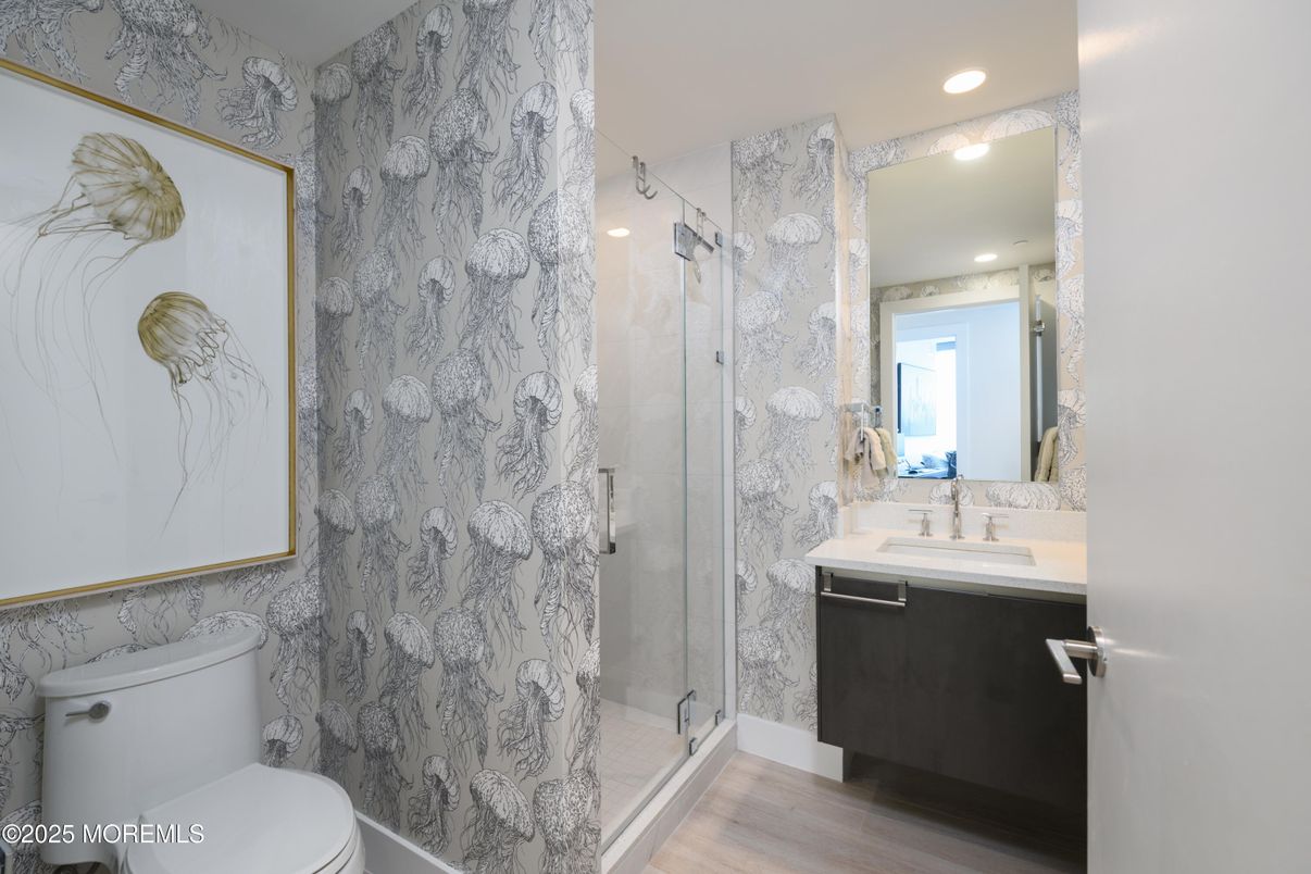 Bathroom, Glass Shower, Interior, Recessed Lighting, Wood Texture Flooring