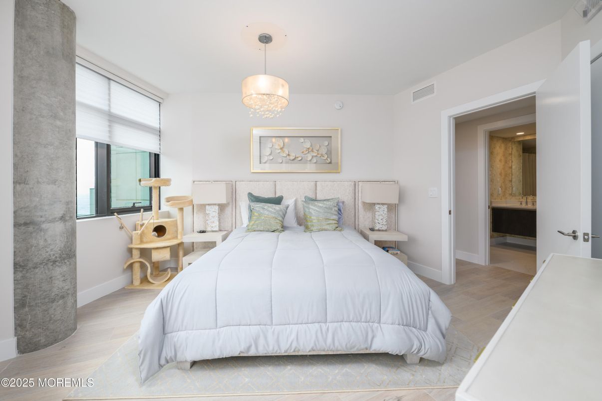 Bedroom, Interior, Pendant Lights, Wood Texture Flooring