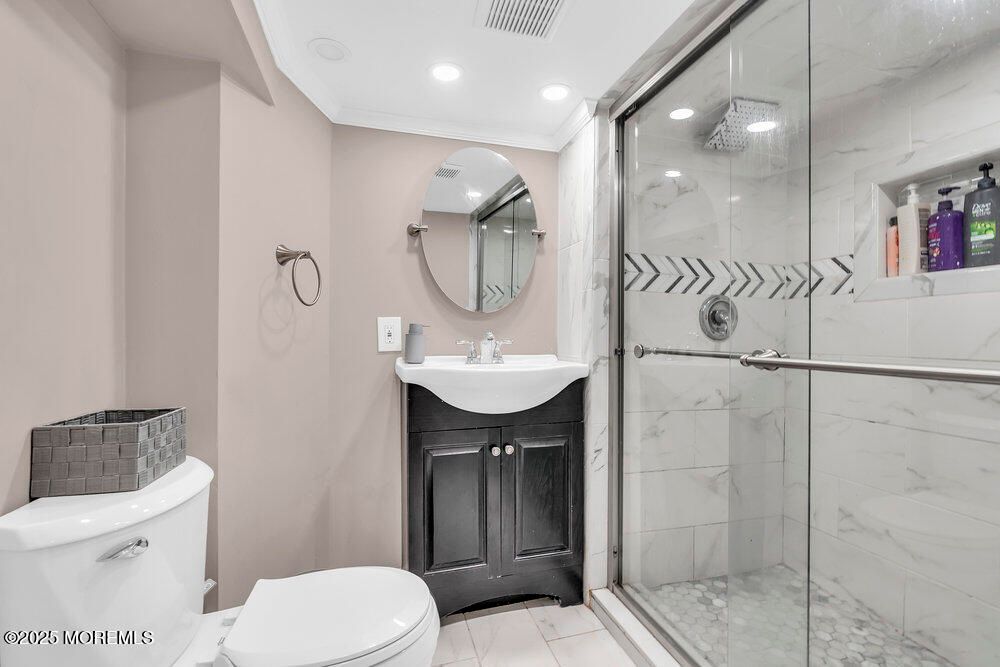 Bathroom, Glass Shower, Interior, Marble Walls, Recessed Lighting