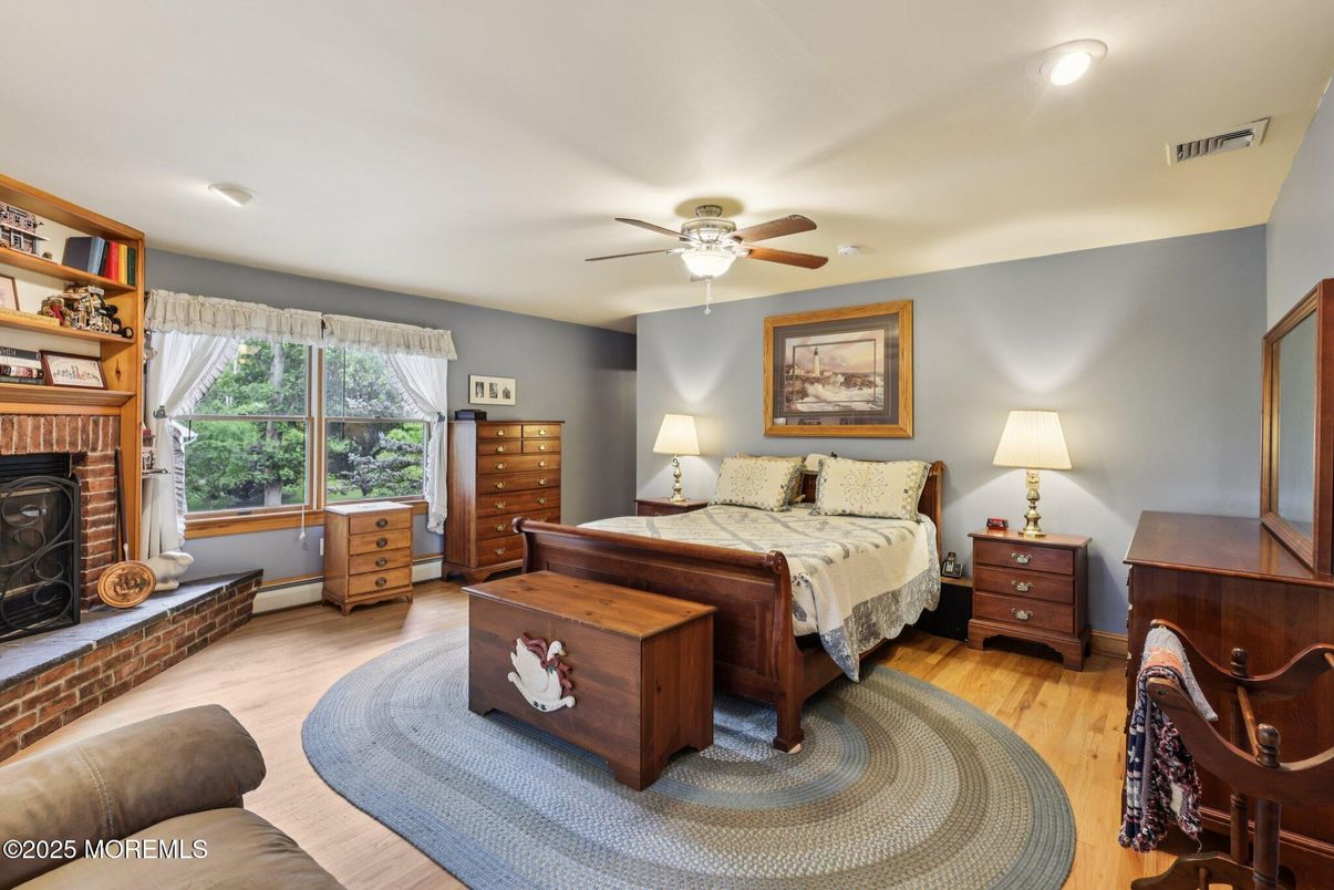 Bedroom, Fireplace, Interior, Wood Texture Flooring