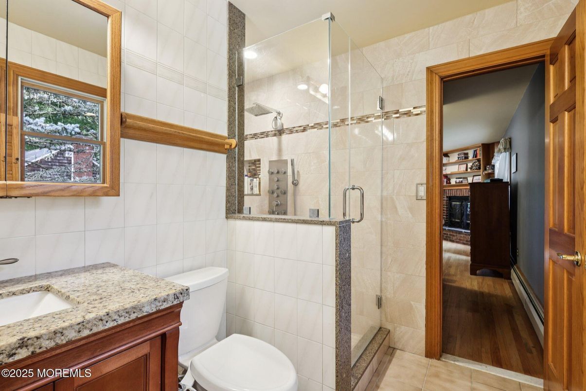 Bathroom, Glass Shower, Interior, Wood Texture Flooring