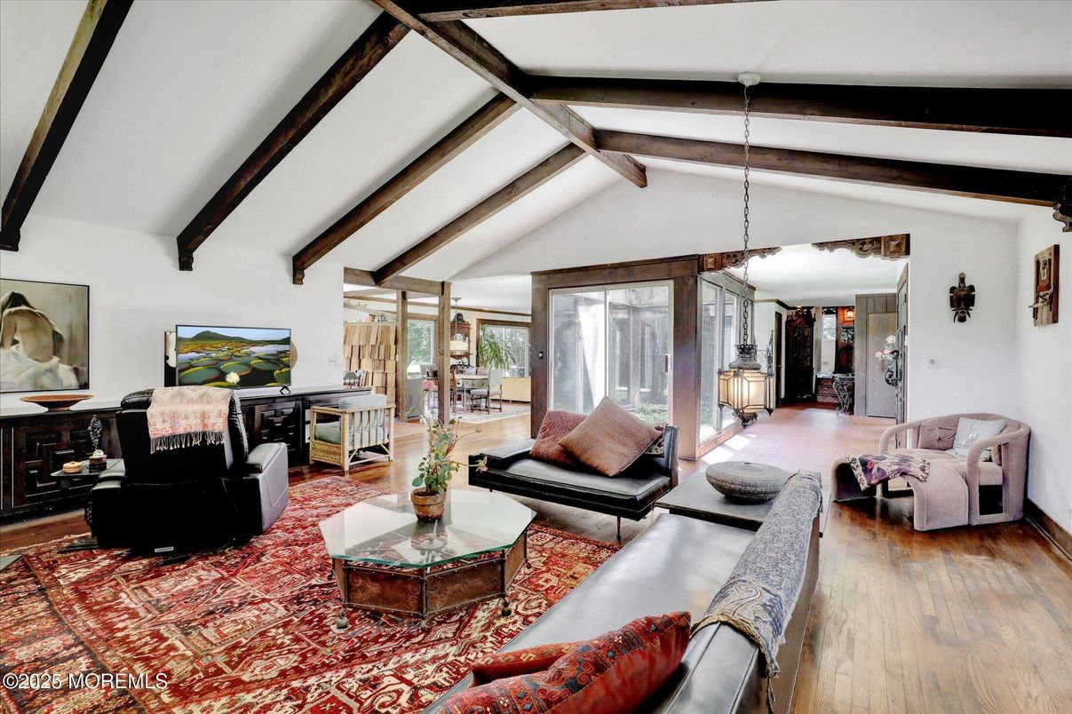 Interior, Living room, Pendant Lights, Wooden Beams, Wood Texture Flooring