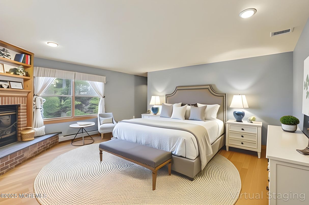 Bedroom, Fireplace, Interior, Recessed Lighting, Wood Texture Flooring