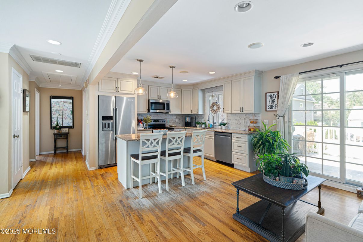 Interior, Kitchen, Pendant Lights, Recessed Lighting, Stainless Steel Appliances, Wood Texture Flooring