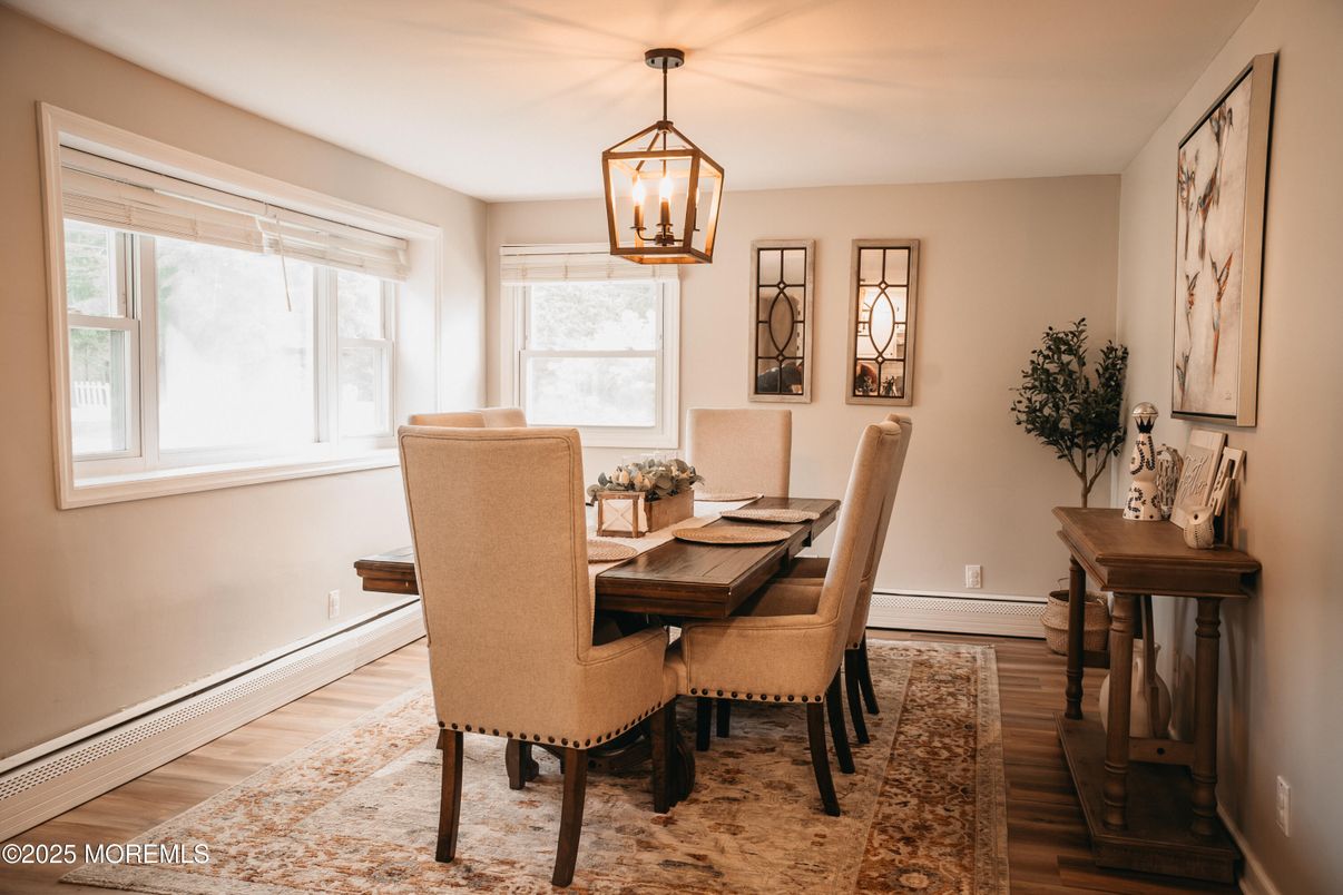 Dining room, Interior, Pendant Lights, Wood Texture Flooring