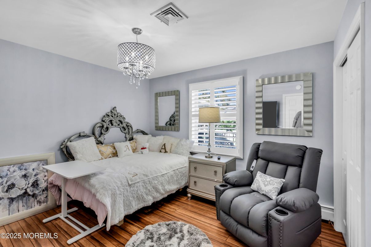 Bedroom, Chandelier, Interior, Wood Texture Flooring
