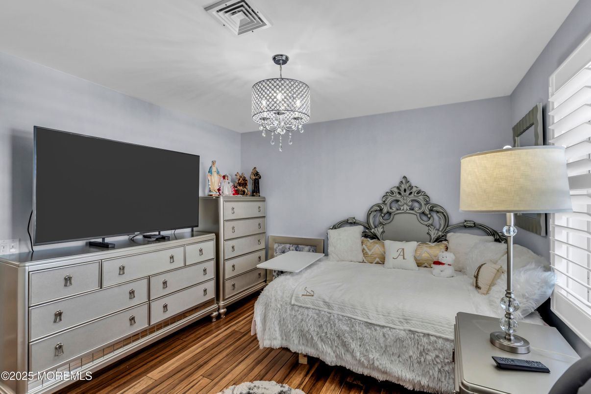 Bedroom, Chandelier, Interior, Wood Texture Flooring