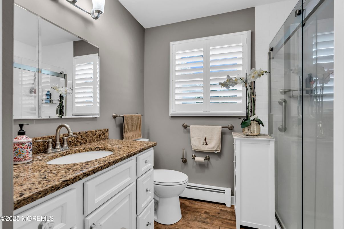 Bathroom, Glass Shower, Interior, Wood Texture Flooring
