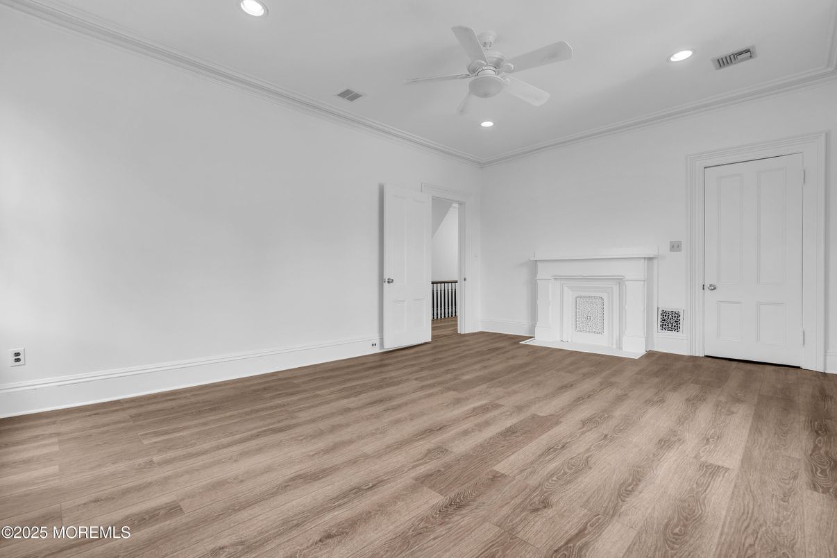 Empty room, Fireplace, Interior, Recessed Lighting, Wood Texture Flooring