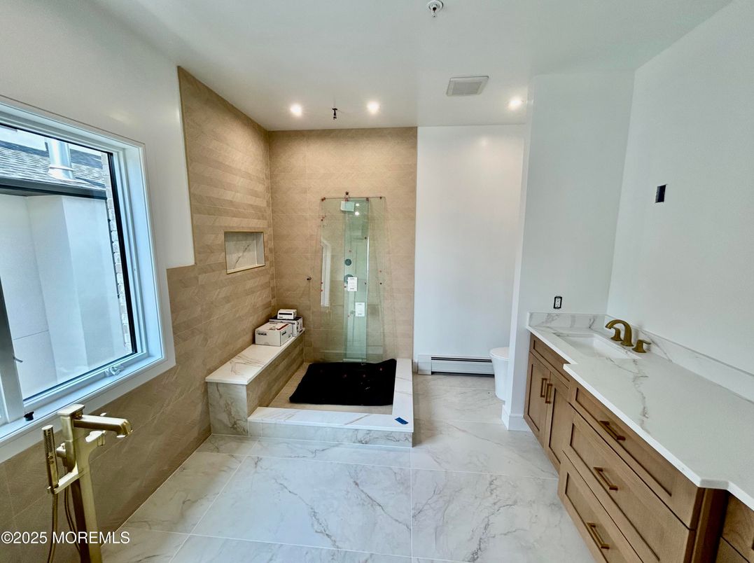 Bathroom, Glass Shower, Interior, Marble, Recessed Lighting