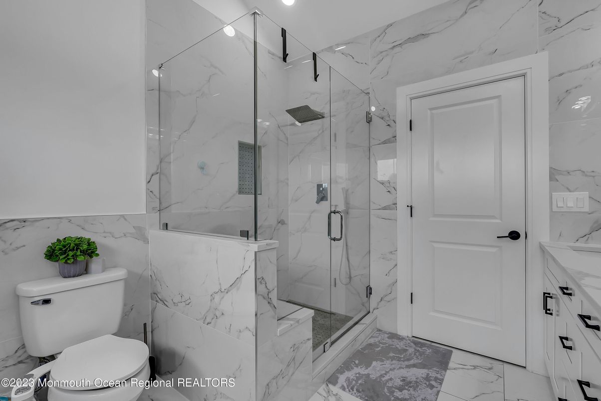 Bathroom, Glass Shower, Interior, Marble, Marble Walls, Recessed Lighting