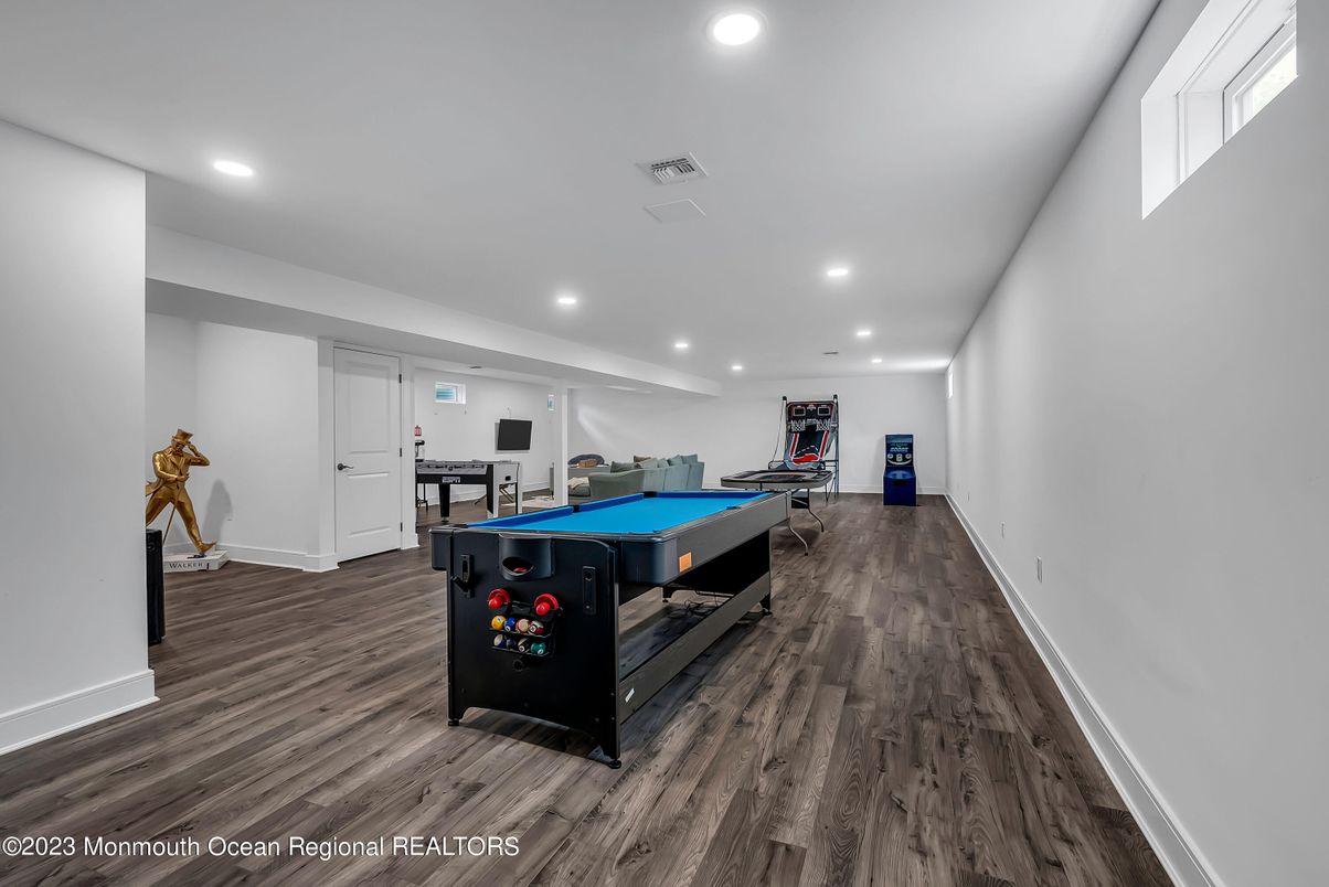 Billiard Table, Fitness Equipment, Game Room, Interior, Recessed Lighting, Wood Texture Flooring