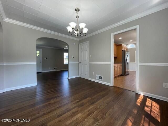 Chandelier, Empty room, Interior, Kitchen, Recessed Lighting, Wood Texture Flooring