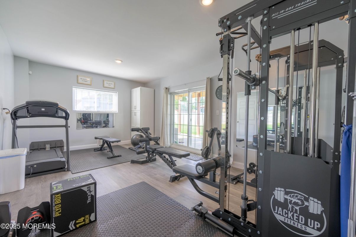 Fitness Equipment, Gym, Interior, Recessed Lighting, Wood Texture Flooring