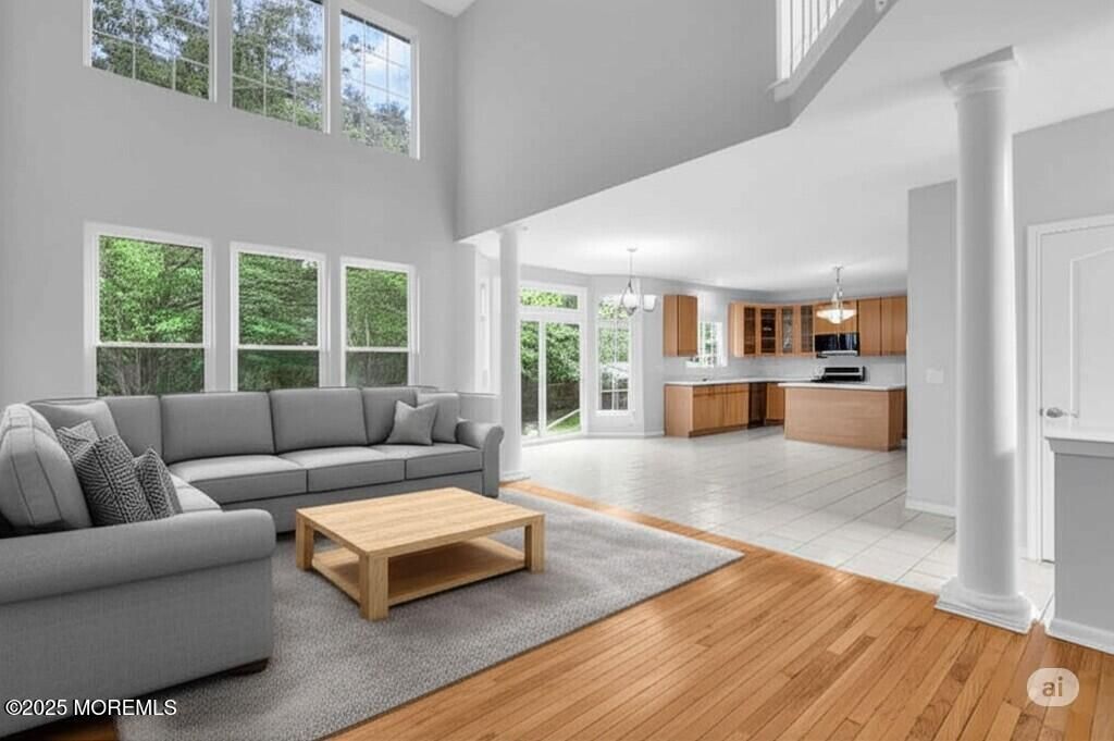 Interior, Kitchen, Living room, Pendant Lights, Wood Texture Flooring