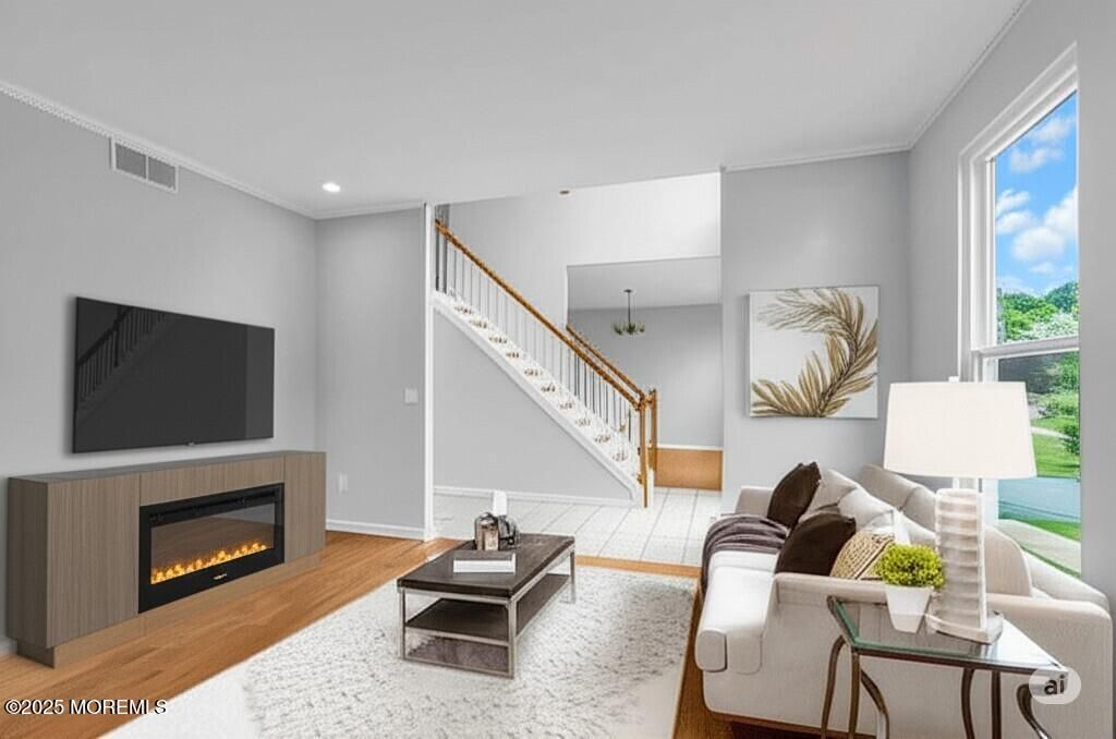 Fireplace, Interior, Living room, Recessed Lighting, Wood Texture Flooring