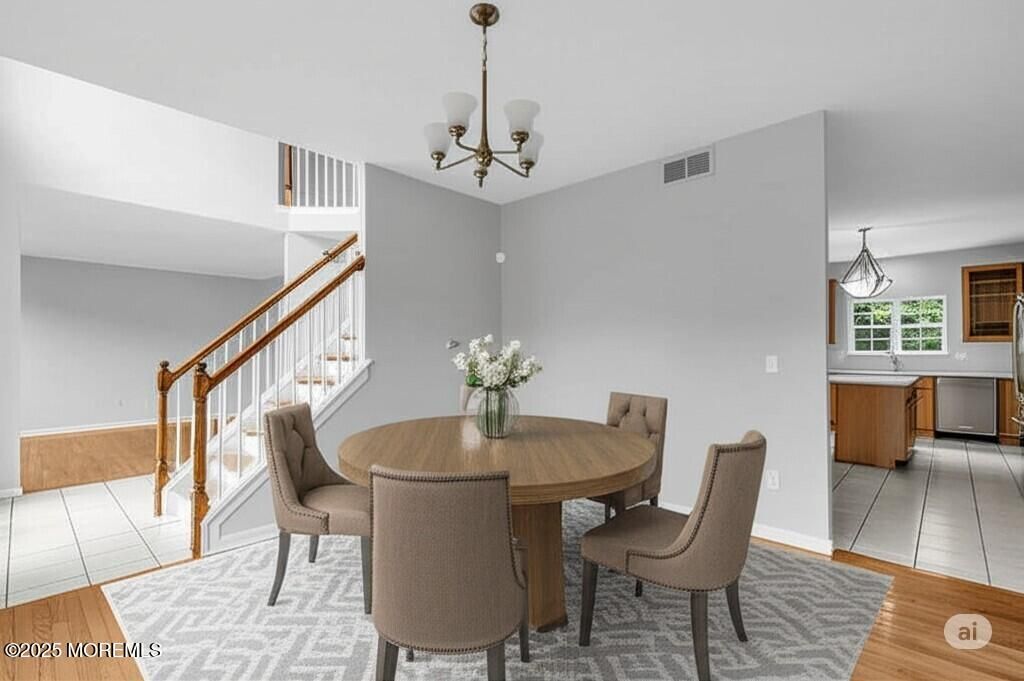 Chandelier, Dining room, Interior, Pendant Lights, Wood Texture Flooring