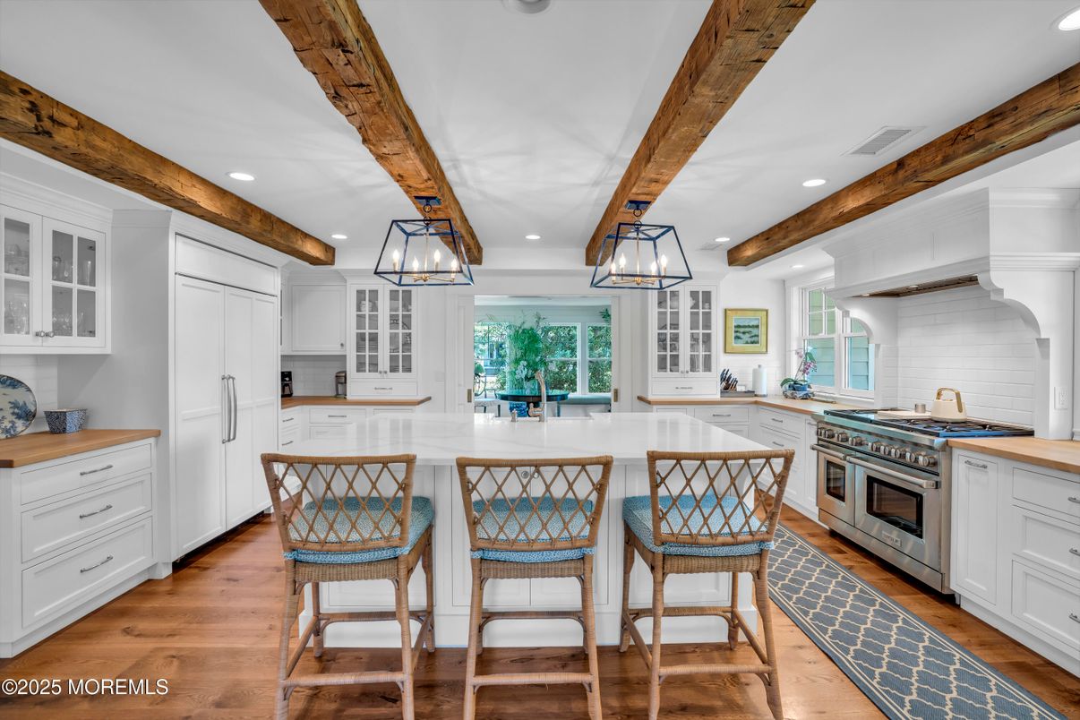 Interior, Kitchen, Pendant Lights, Recessed Lighting, Stainless Steel Appliances, Wooden Beams, Wood Texture Flooring