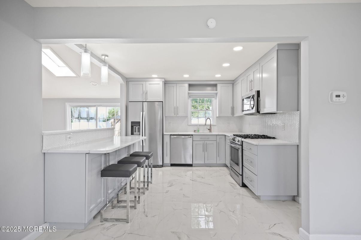 Interior, Kitchen, Marble, Recessed Lighting, Stainless Steel Appliances