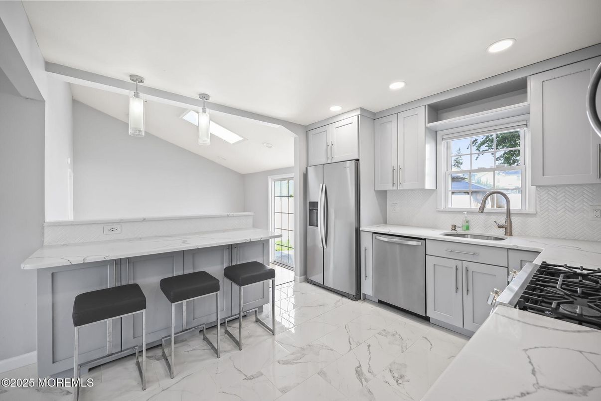 Interior, Kitchen, Marble, Pendant Lights, Recessed Lighting, Stainless Steel Appliances