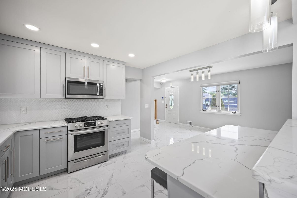 Interior, Kitchen, Marble, Recessed Lighting, Stainless Steel Appliances