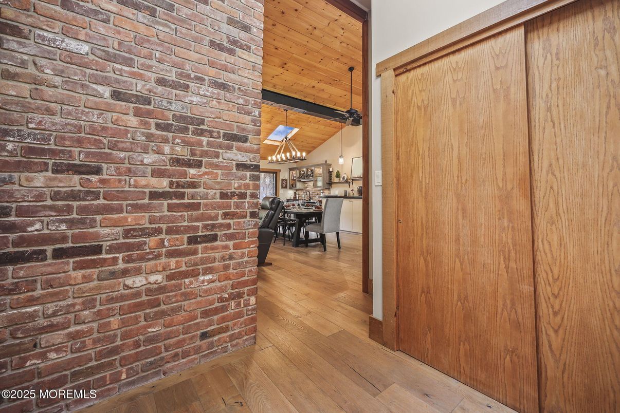 Dining room, Interior, Pendant Lights, Stone Walls, Wooden Beams, Wooden Ceilings, Wood Texture Flooring, Wooden Walls