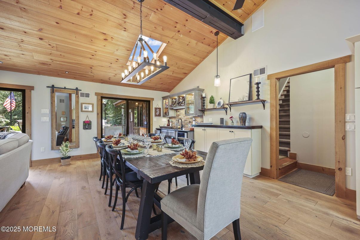 Dining room, Interior, Pendant Lights, Wooden Beams, Wooden Ceilings, Wood Texture Flooring