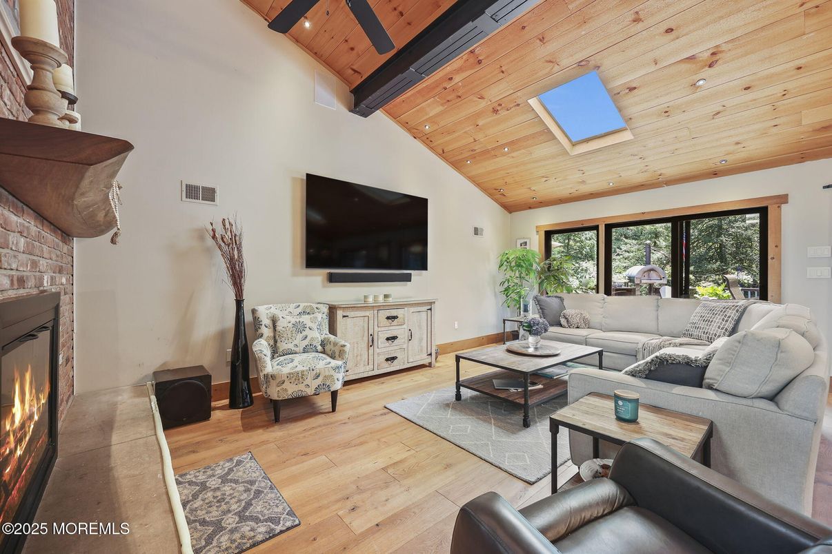 Fireplace, Interior, Living room, Stone Walls, Wooden Ceilings, Wood Texture Flooring