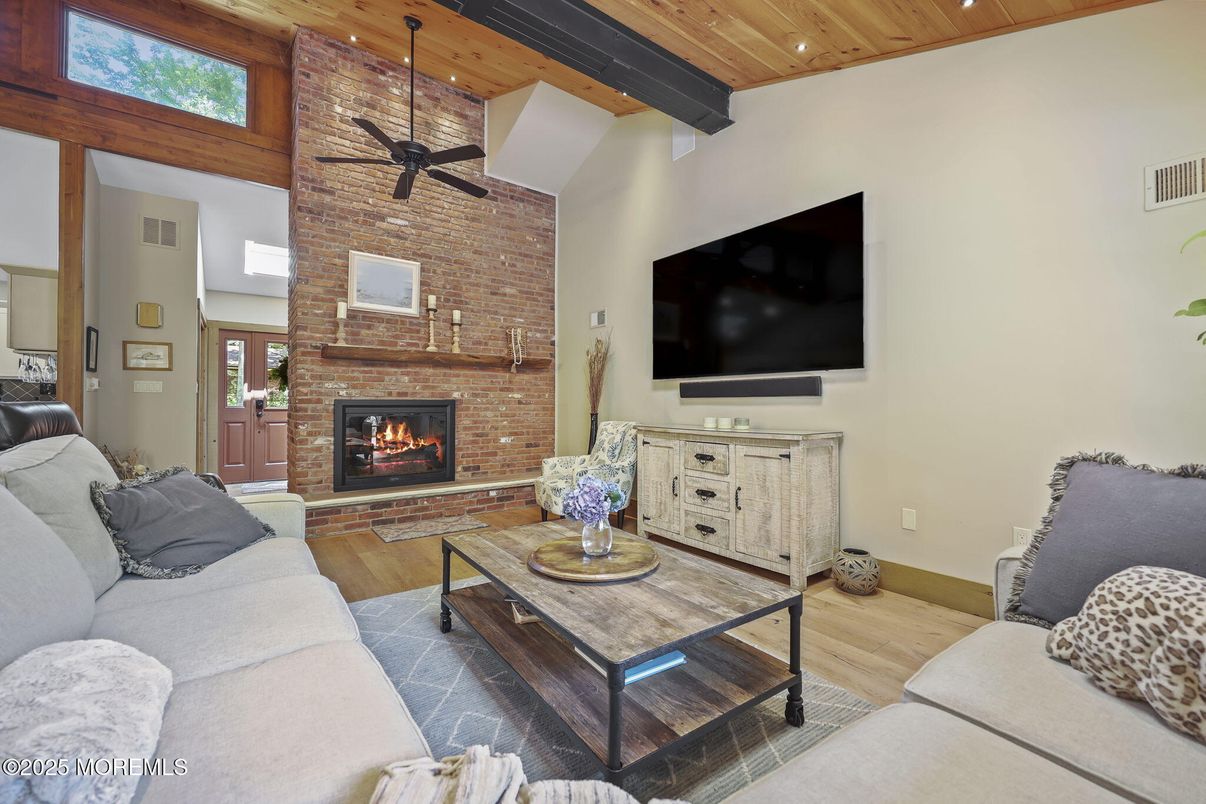 Fireplace, Interior, Living room, Recessed Lighting, Stone Walls, Wooden Beams, Wooden Ceilings, Wood Texture Flooring