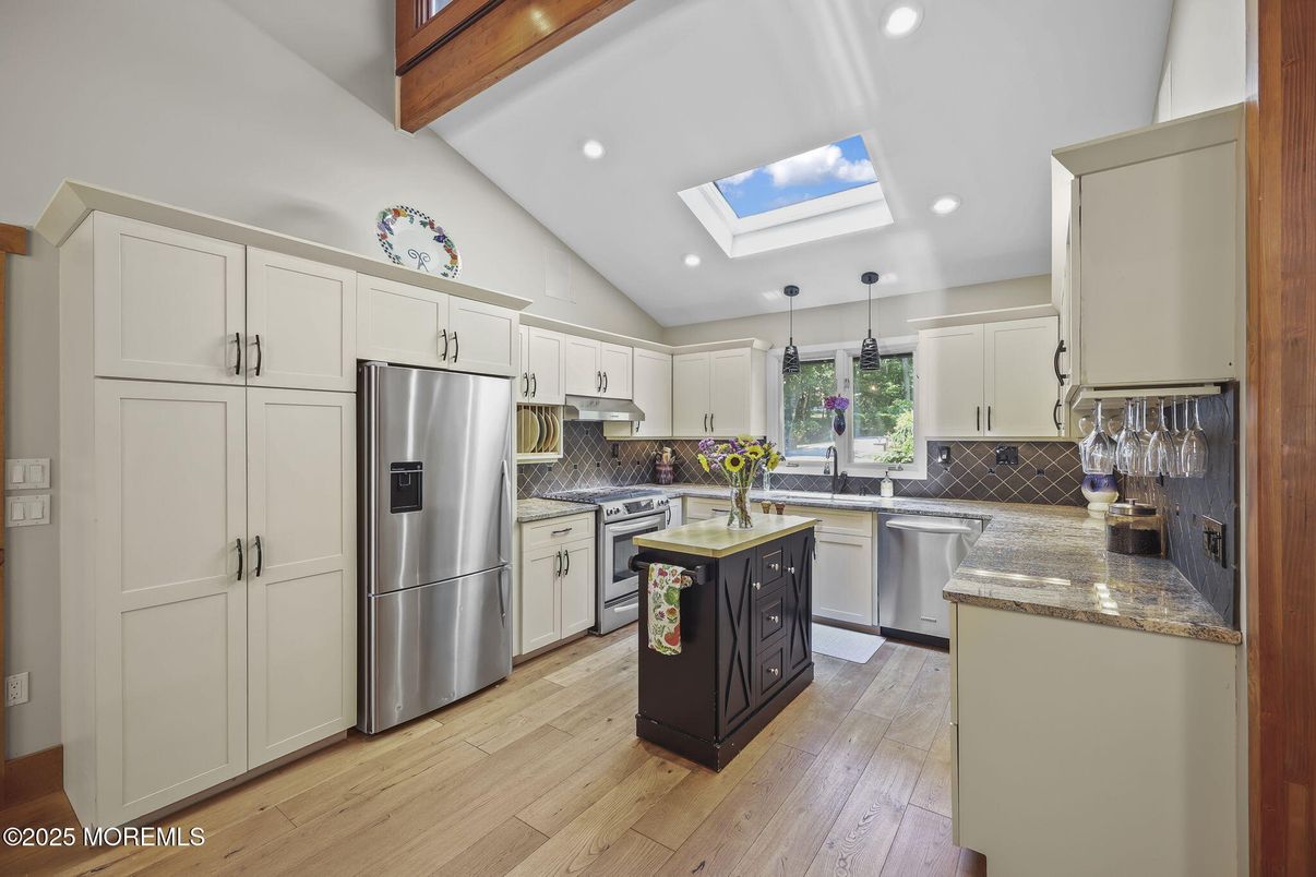 Interior, Kitchen, Recessed Lighting, Stainless Steel Appliances, Wooden Beams, Wood Texture Flooring