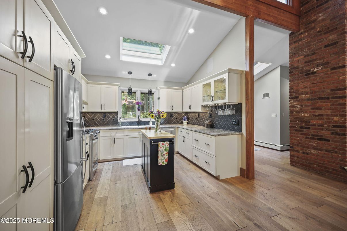 Interior, Kitchen, Recessed Lighting, Stainless Steel Appliances, Stone Walls, Wooden Beams, Wood Texture Flooring