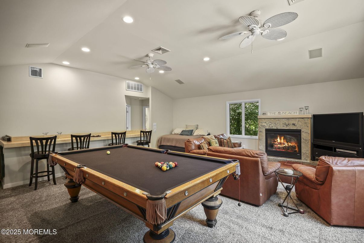 Billiard Table, Fireplace, Game Room, Interior, Living room, Recessed Lighting