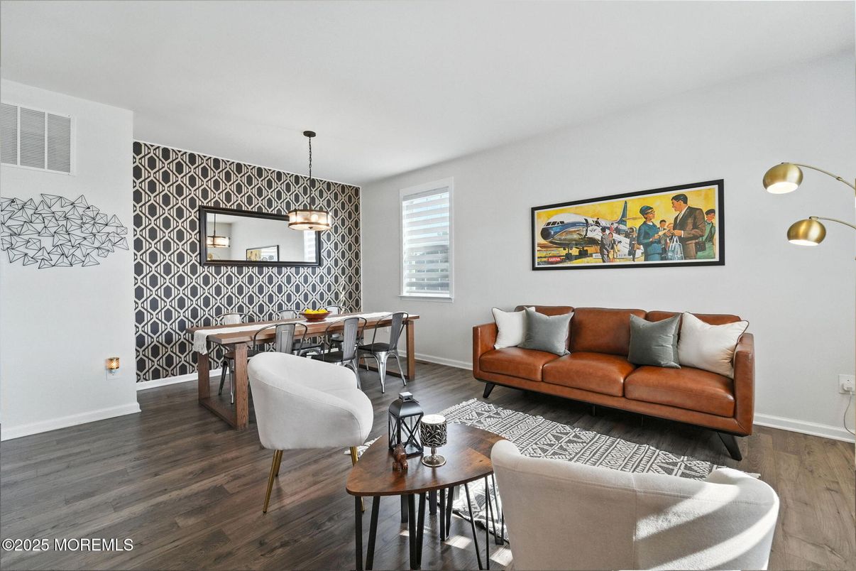 Dining room, Interior, Living room, Pendant Lights, Wood Texture Flooring