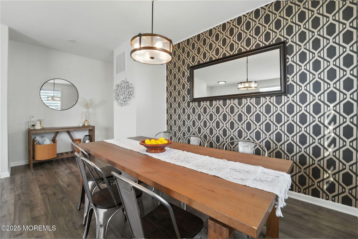 Dining room, Interior, Pendant Lights, Wood Texture Flooring
