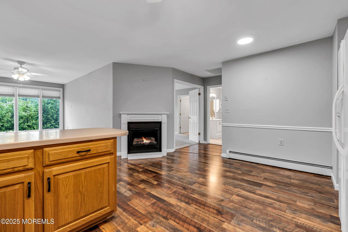Empty room, Fireplace, Interior, Recessed Lighting, Wood Texture Flooring