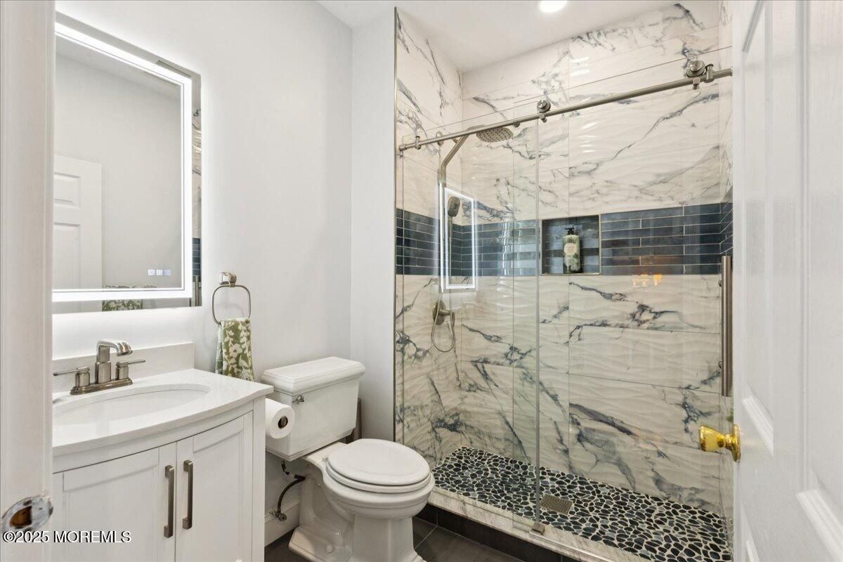 Bathroom, Glass Shower, Interior, Marble Walls, Recessed Lighting