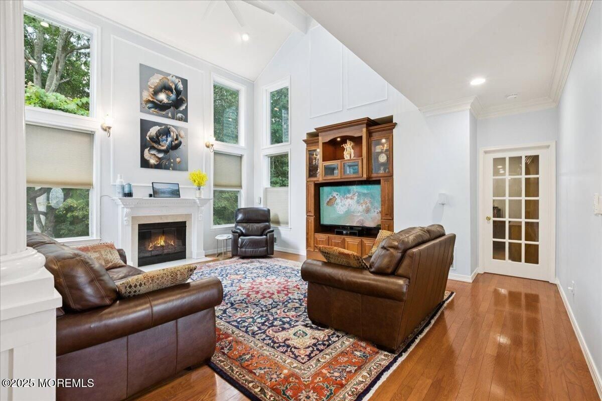 Fireplace, Interior, Living room, Recessed Lighting, Wood Texture Flooring