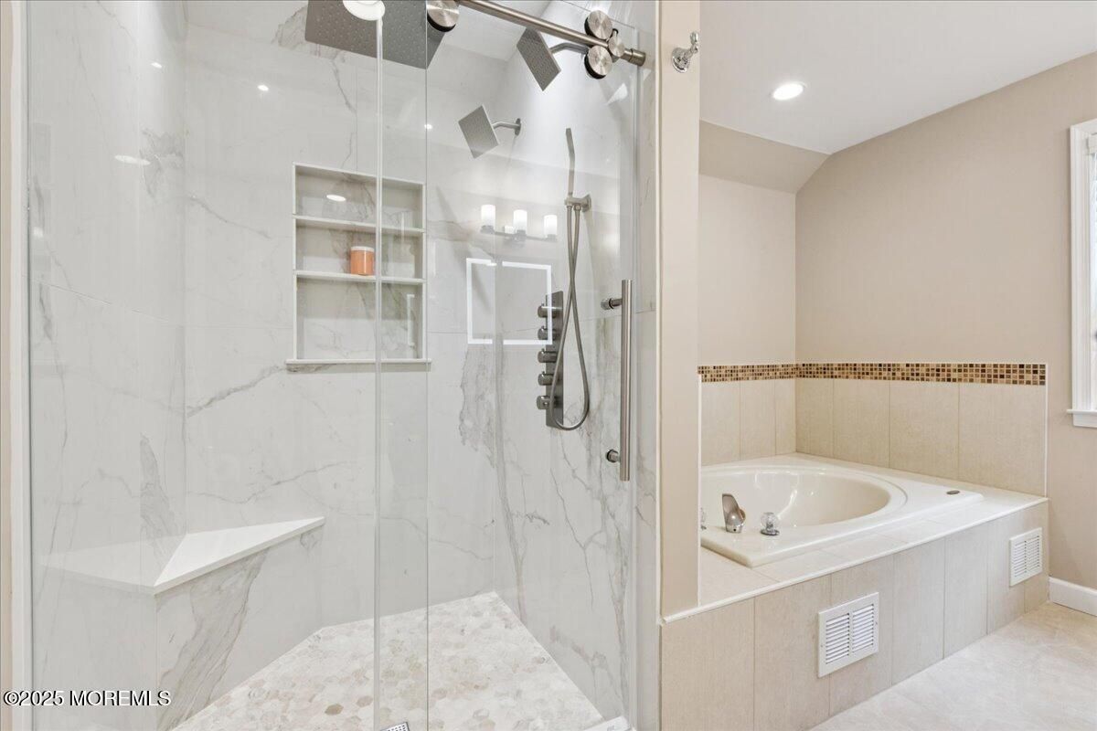 Bathroom, Glass Shower, Interior, Marble Walls, Recessed Lighting