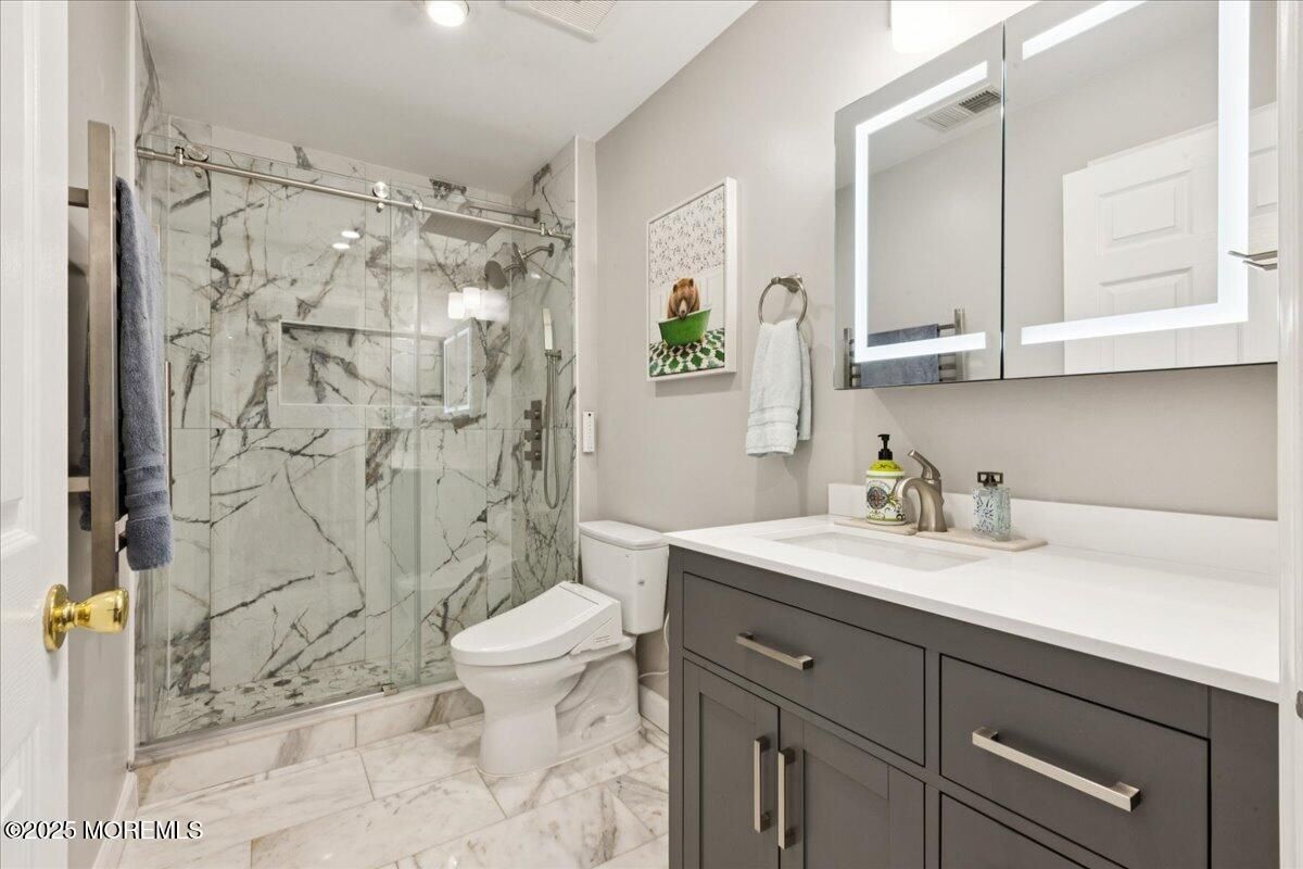 Bathroom, Glass Shower, Interior, Marble, Marble Walls, Recessed Lighting