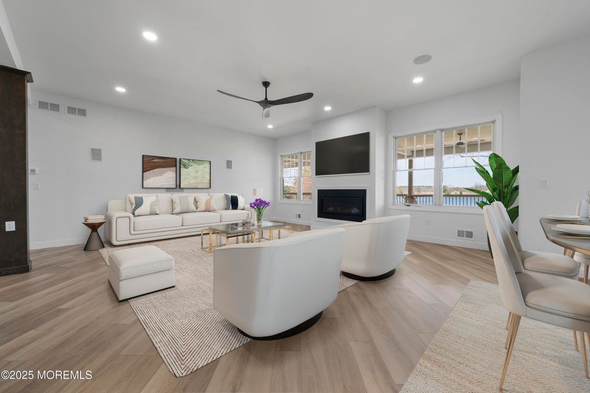 Fireplace, Interior, Living room, Recessed Lighting, Wood Texture Flooring