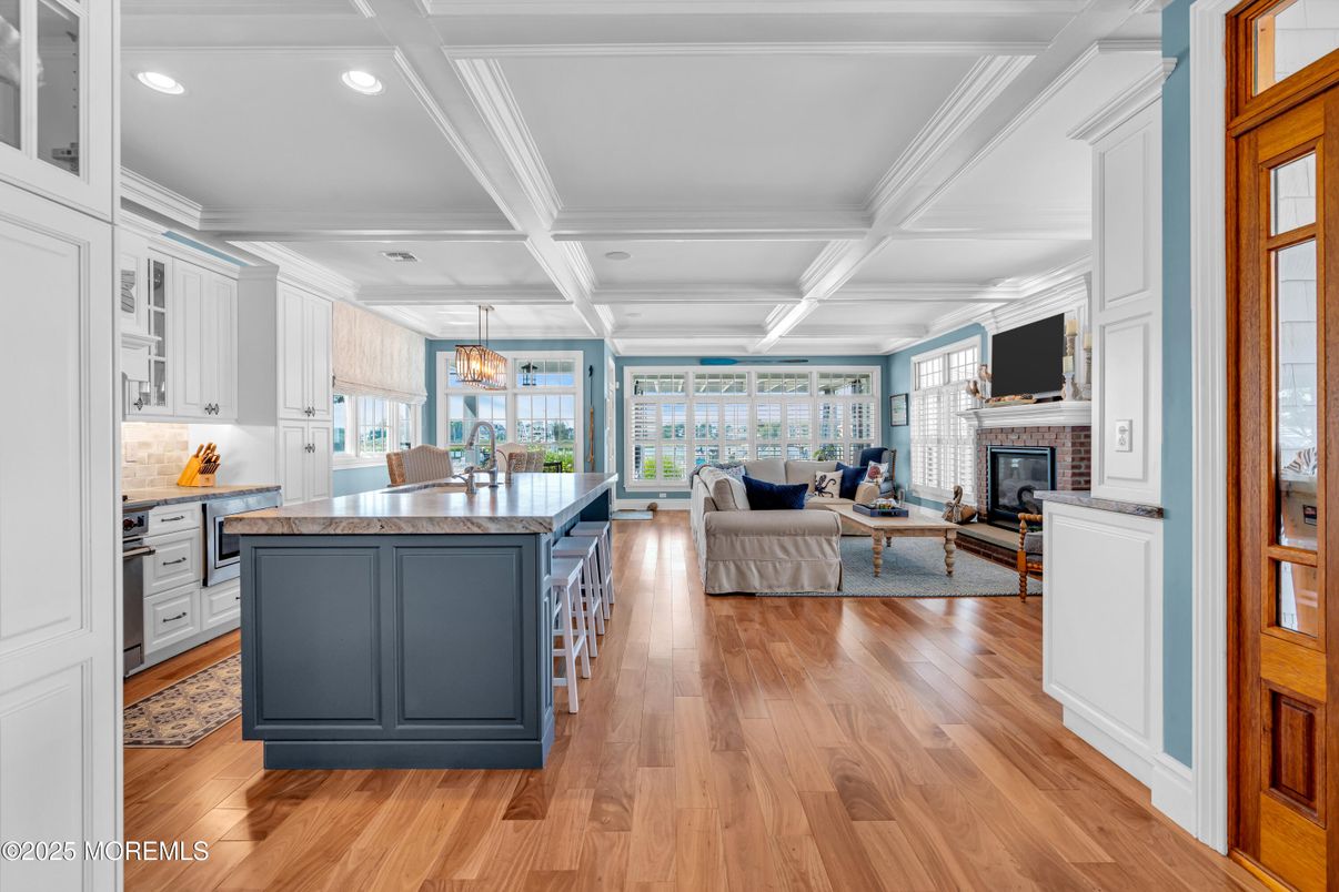 Fireplace, Interior, Kitchen, Living room, Pendant Lights, Recessed Lighting, Wood Texture Flooring